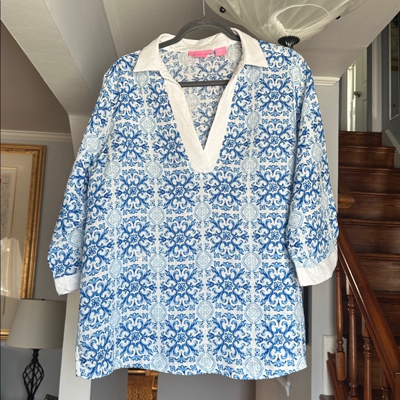 Isaac Mizrahi Blue & White Tile Pattern Linen Tunic Topp Sz XL - Picture 3 of 10
